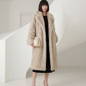 Long Faux Fur Coat in Light Beige